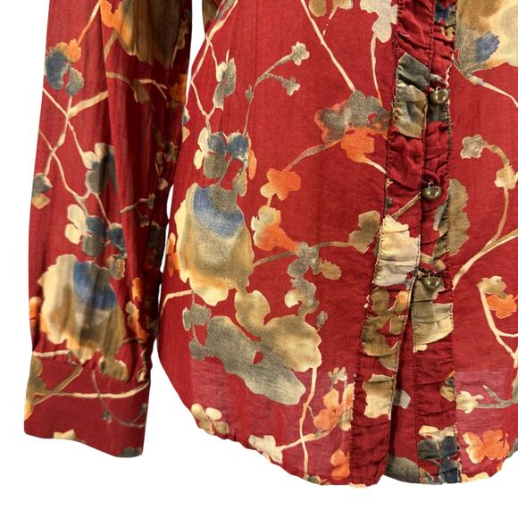 Coldwater Creek Red Floral Print Cotton Silk Blend Long Sleeve Lightweight Top - Picture 9 of 13